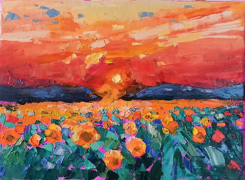 Sunflower Field Painting Original Art Impasto Oil Painting Landscape Verafe - Posters - Other Materials Orange