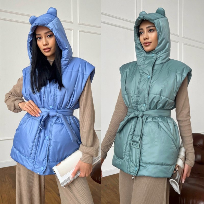 Vest With Ears Hooded Light Blue Olive Colors Zip With Belt Fashion Sportswear - Women's Casual & Functional Jackets - Other Metals Blue