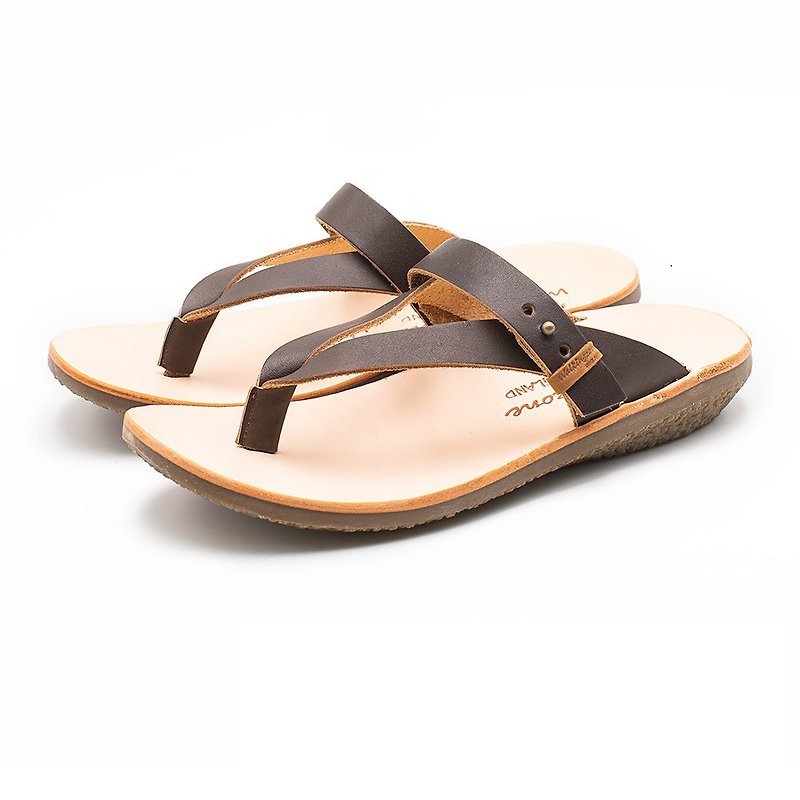 WALKING ZONE Textured Leather Flip Flops Women's Shoes-Coffee (Other Blue) - รองเท้าแตะ - หนังแท้ 