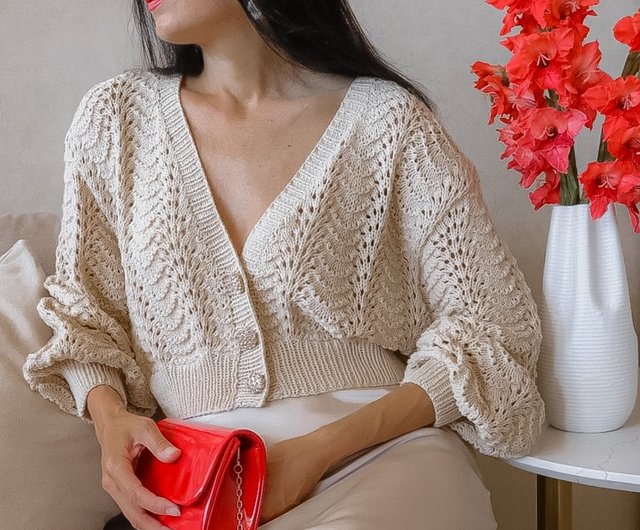 Cropped lace knit cardigan in cotton Puff sleeve oversized Cropped lace knit cardigan in cotton Puff sleeve oversized