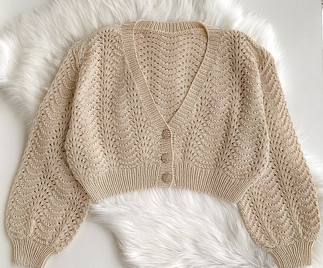 Cropped lace knit cardigan in cotton Puff sleeve oversized Cropped lace knit cardigan in cotton Puff sleeve oversized