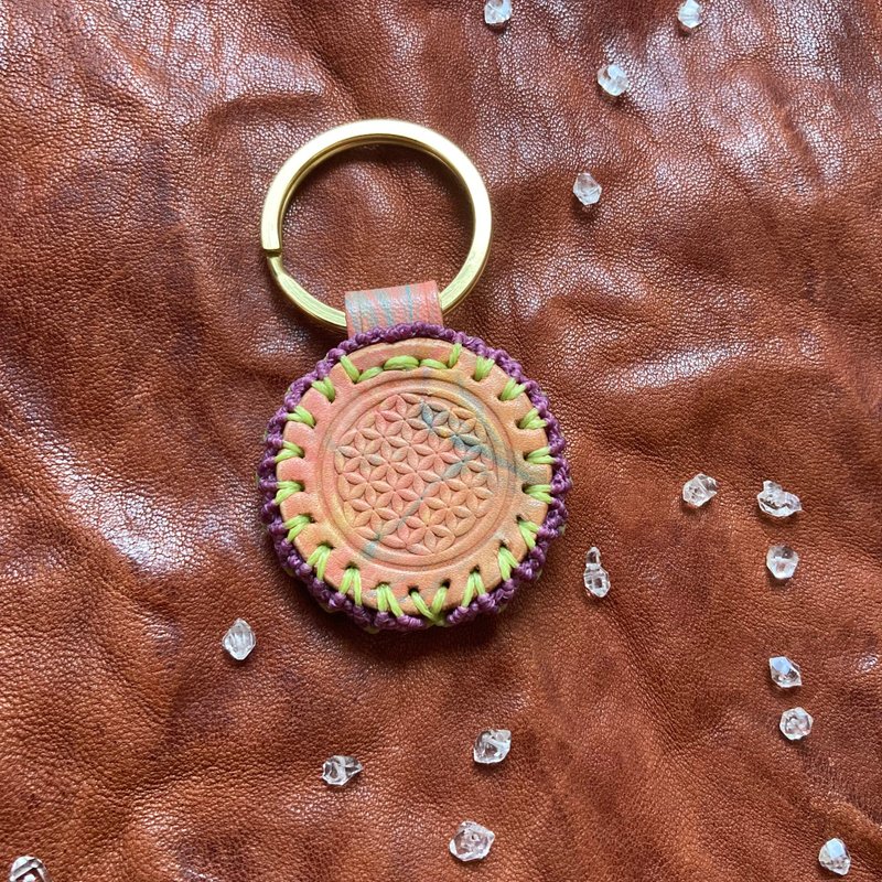 -Flower of life- Marbling leather keychain - ที่ห้อยกุญแจ - หนังแท้ สีม่วง