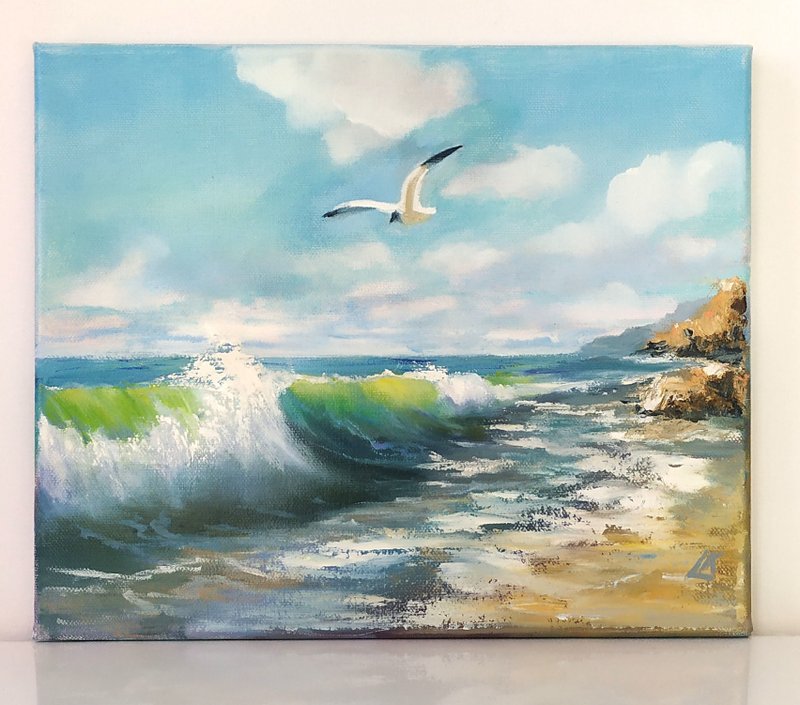 Sea Oil Painting on Canvas Seascape Painting Seacoast Painting Seagull Painting - โปสเตอร์ - ผ้าฝ้าย/ผ้าลินิน 