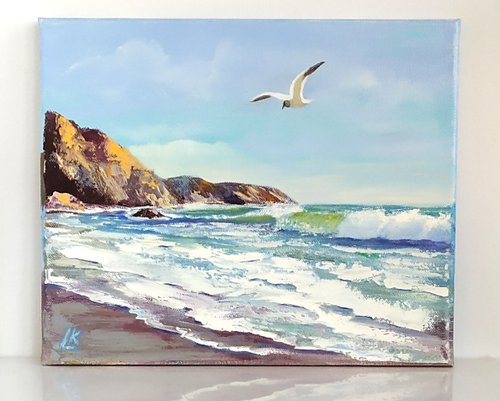 油絵「海岸の風景」F8号大きめキャンバス　絵画　原画　夏　風景画　岩場 油絵「海岸の風景」F8号大きめキャンバス 絵画 原画 油彩画 夏