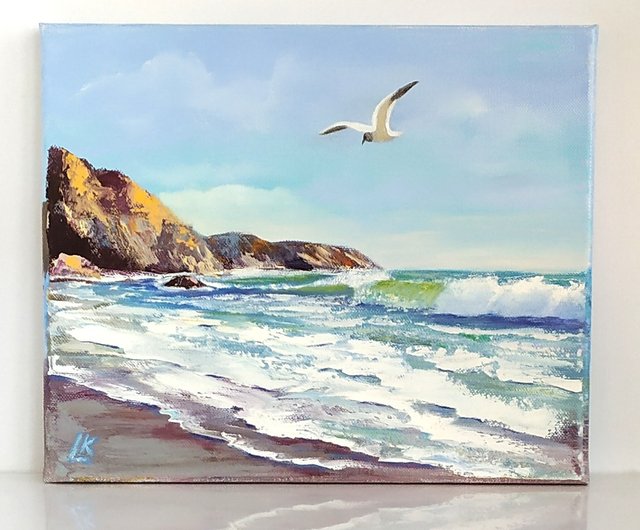 キャンバスに描かれた海の油絵 海景画 海岸画 カモメの絵
