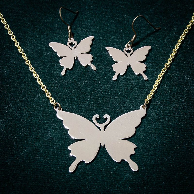 Butterfly Set Necklace+Earring - 項鍊 - 銅/黃銅 銀色