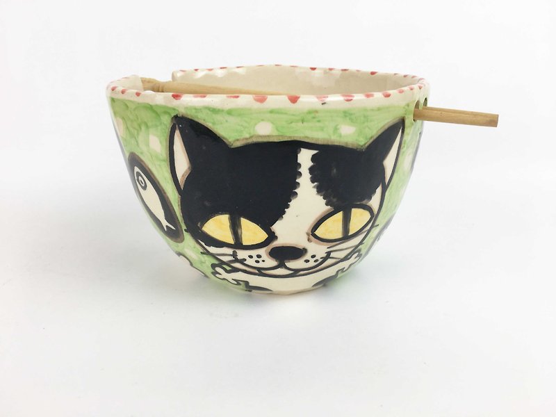 Nice Little Clay Handmade Bowl_Happy Flower Cat 0201-15 - ถ้วยชาม - ดินเผา สีเขียว