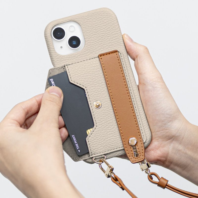 iPhone 15 / 16e / 15 Pro Bologna 仕女吊繩腕帶皮革手機殼-米 - 手機殼/手機套 - 真皮 卡其色