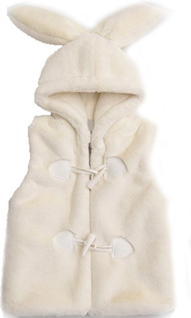 Cutie Bella furry bunny hooded ear horn buckle vest white - เสื้อโค้ด - เส้นใยสังเคราะห์ 