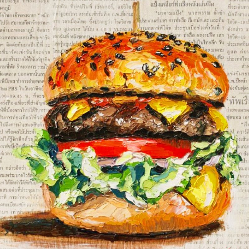 Hamburger Painting Food Sandwich Original Art Cutlet Bun Burger Sesame Fast Food - Posters - Other Materials 