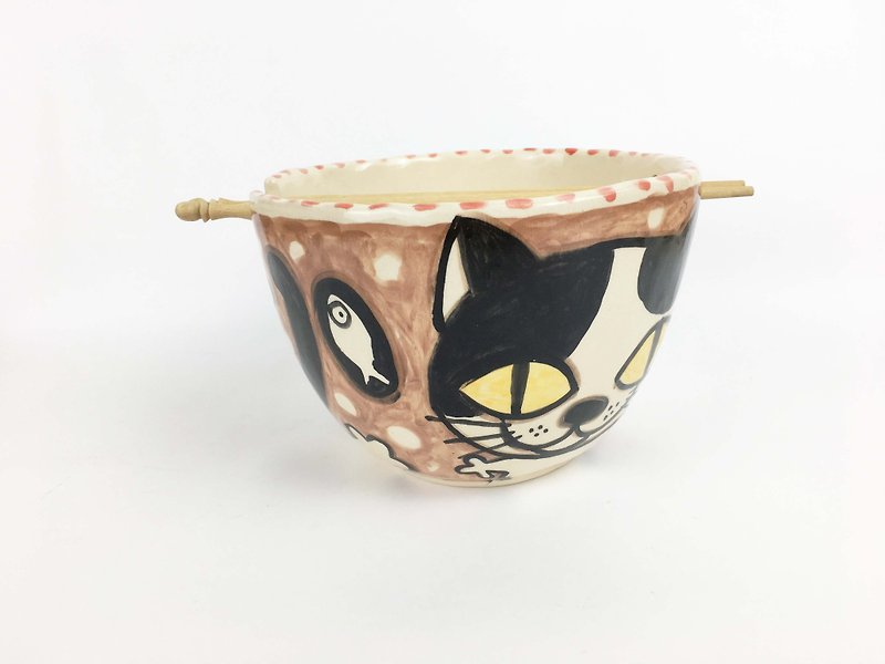 Nice Little Clay Handmade Bowl_Happy Flower Cat 0201-13 - Bowls - Pottery Brown