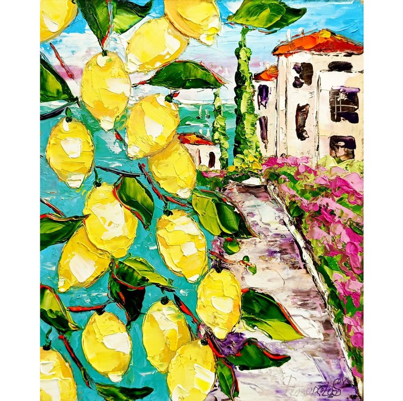 Amalfi Italy Painting Fruit Original Art 10x8 Coast Impasto Art - Wall Décor - Other Materials Yellow