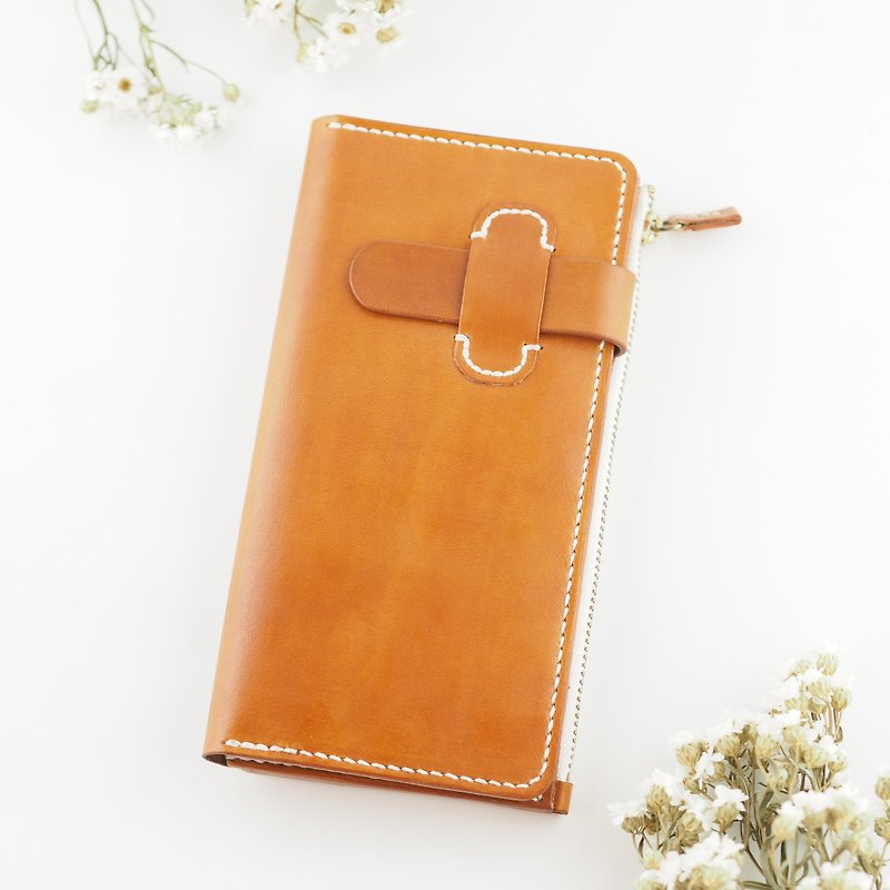 Simple leather long clip card holder zipper type brown - กระเป๋าสตางค์ - หนังแท้ สีนำ้ตาล
