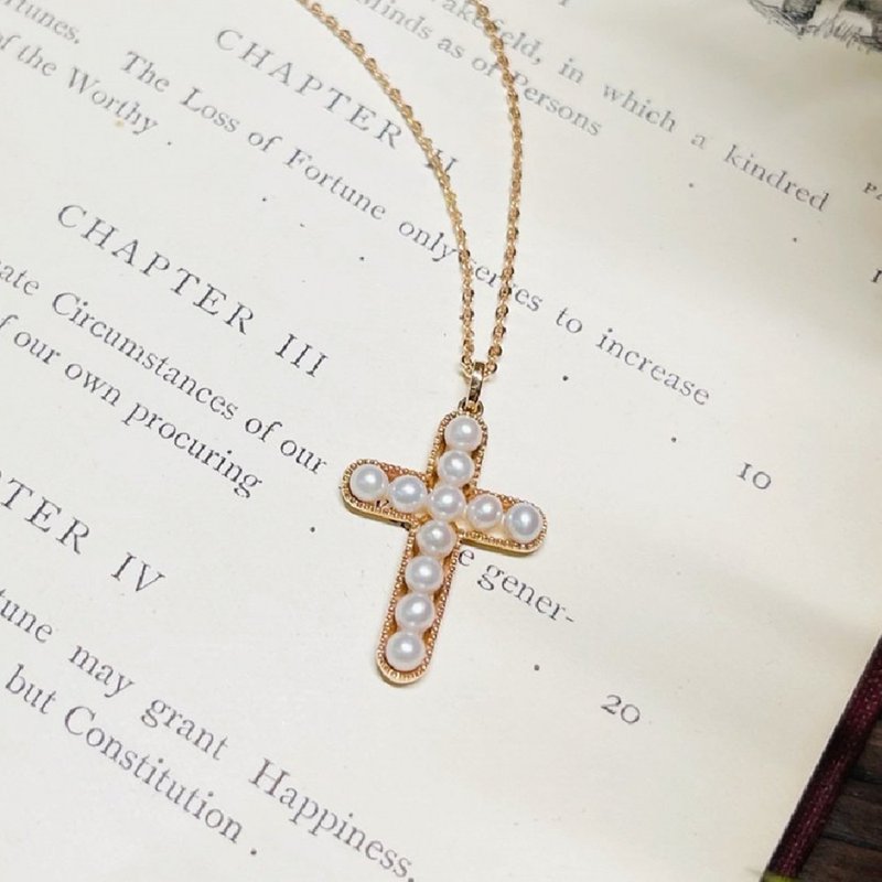 【Moriarty Jewelry】淡水養珠 - 十字架 - 14K 玫瑰金 珍珠項鍊 - 項鍊 - 玫瑰金 