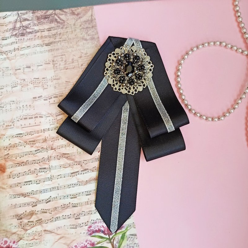 Black bow tie brooch classic style Bow brooch for women Ribbon brooch with beads - 胸針 - 其他材質 黑色