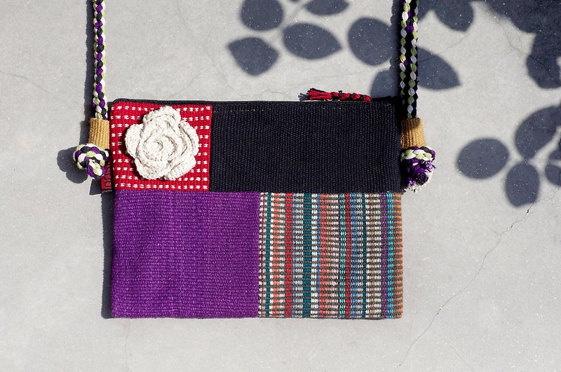 Limited one piece of natural hand-woven fabric stitching cross-body bag / backpack / shoulder bag / small bag / travel bag-purple world geometric ethnic patchwork design - กระเป๋าแมสเซนเจอร์ - ผ้าฝ้าย/ผ้าลินิน หลากหลายสี