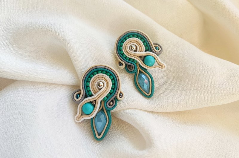 Turquoise earrings, Stud earrings, Designer earrings, beaded soutache earrings - 耳環/耳夾/耳骨夾 - 其他材質 藍色