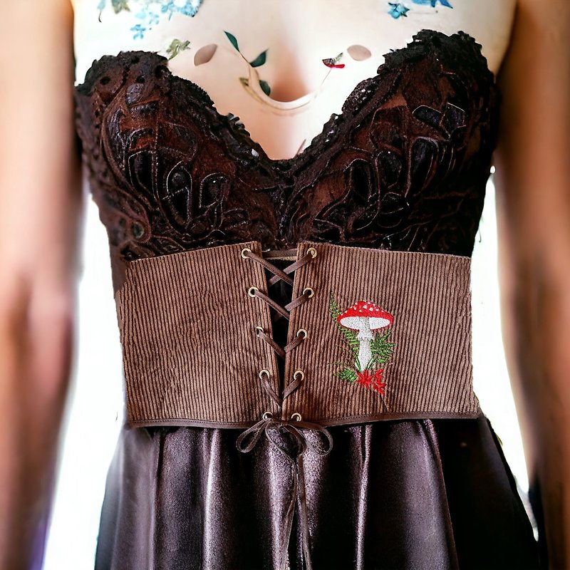 Underbust corset belt for dress lace up, Custom plus size corset embroidered - 皮帶/腰帶 - 棉．麻 咖啡色