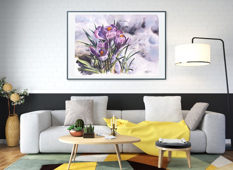 Crocuses watercolor poster by artist Irina Zhunaeva - Posters - Paper Purple