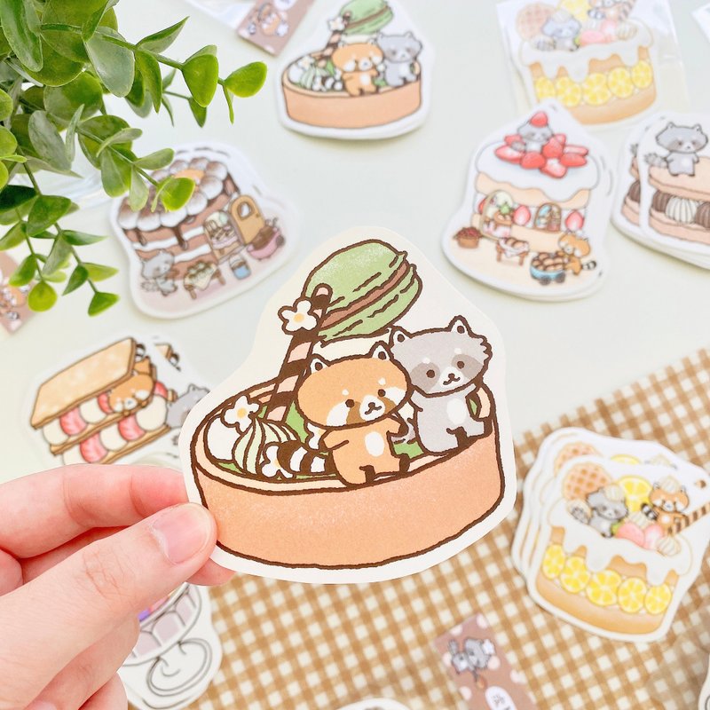 Waterproof Sticker/Raccoon Fruit House Sticker - Matcha Macaron Tower - Stickers - Paper Green