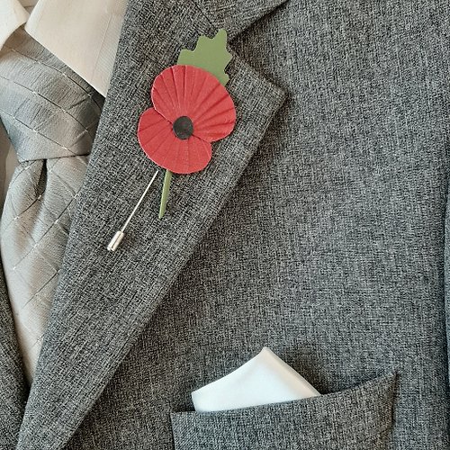 Leather Novel Red poppy Leather Men's lapel pin for him Leather boutonniere for dad