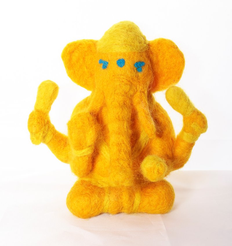ファストシッピング[M31]ウールフェルト-ガネーシャスピリチュアルスカルプチャーホームオーナメントボディソウル - 人形・フィギュア - ウール イエロー
