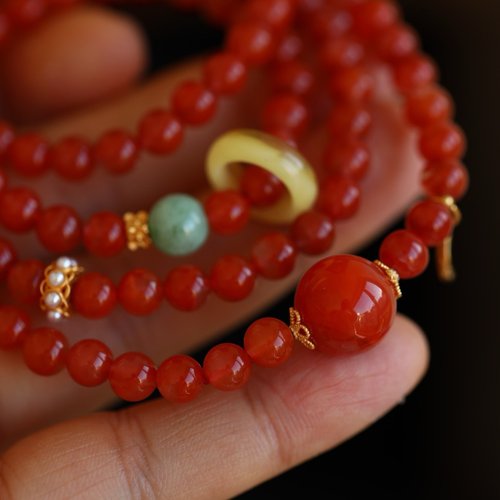 Angel's tears 天使之淚 Jewelry Design 6mm天然原礦南紅 蜜蠟轉運環翡翠A貨配珠設計多圈手持手串sm