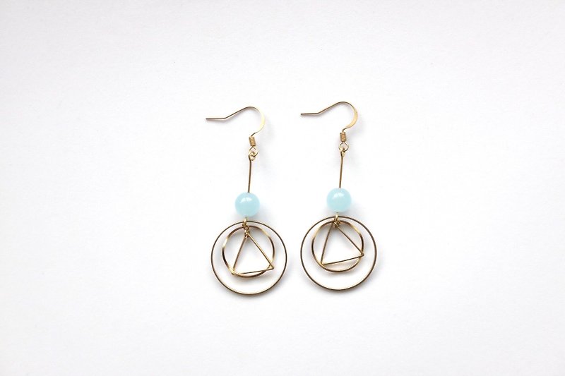 Bronze earrings | Blue Chalcedony | geometric Ear / Clip-On - ต่างหู - ทองแดงทองเหลือง 