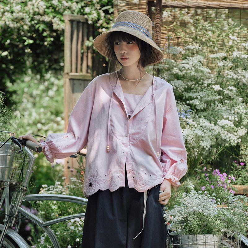 繡花假兩件襯衫|襯衫|兩色|夏款|Sora-1822 - 女襯衫 - 棉．麻 多色