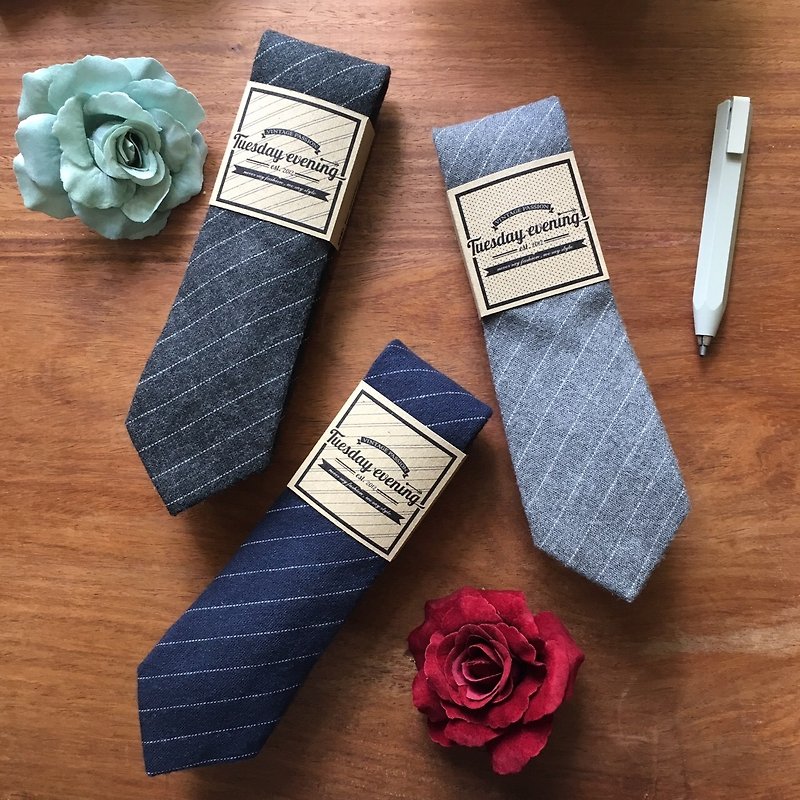 Necktie Stripe Dark grey/ Blue/ Grey - 領帶/領帶夾 - 棉．麻 灰色