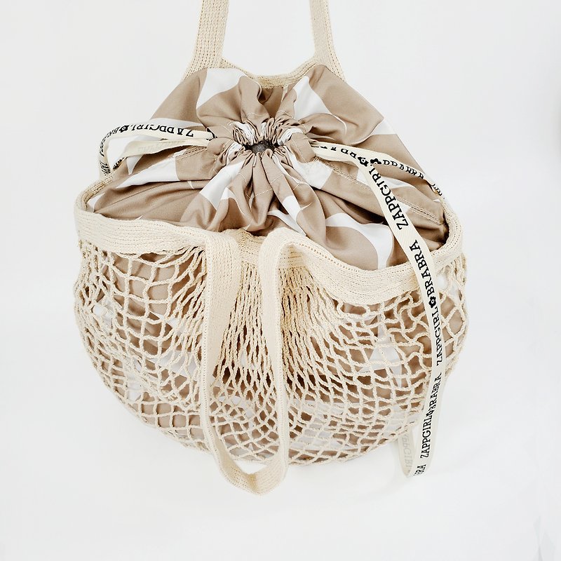 2 layers Net Bag with Satin Drawstring Bag inside - กระเป๋าถือ - ผ้าฝ้าย/ผ้าลินิน 