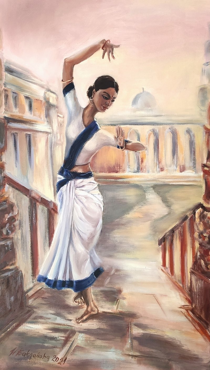 日光の下で白いサリーを着て踊るインドの女の子 オリジナルの絵画 具象芸術 - ウォールデコ・壁紙 - その他の素材 ホワイト