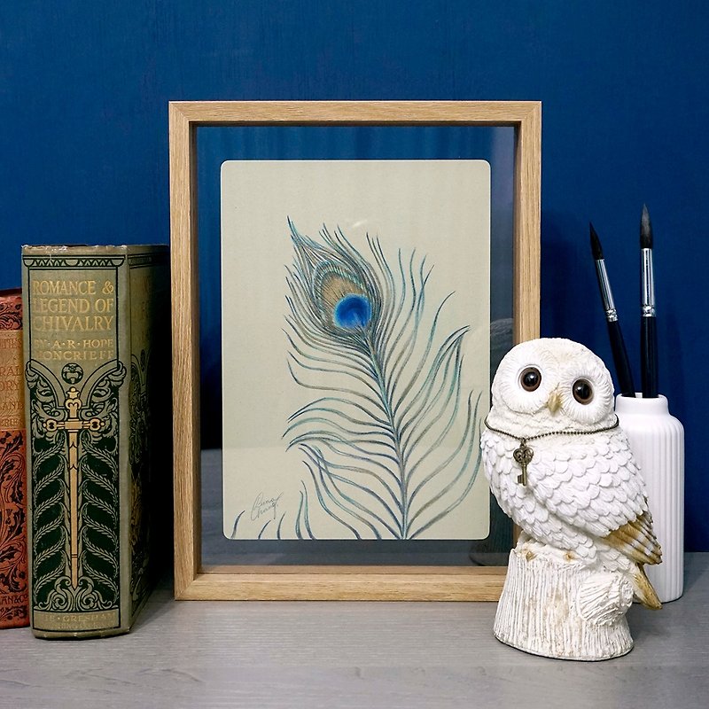 【ブルーワルツ01】原画 孔雀の羽 色鉛筆 水彩スケッチイラスト | - 置物 - 紙 グリーン