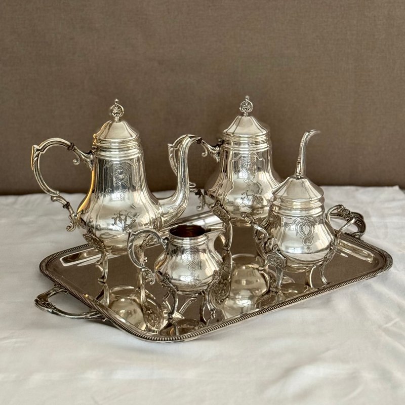 40678-Stunning French antique silver plated  tea & coffee set with tray - ถ้วย - เงิน 