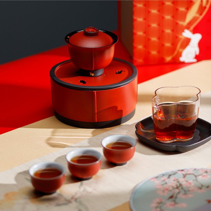 [Lubao LOHAS] Fuzhao Wanjia Gaiwan Tea Set-Rich Red Gold Rabbit Offers Rui and Sends Auspiciousness - ถ้วย - ดินเผา สีแดง