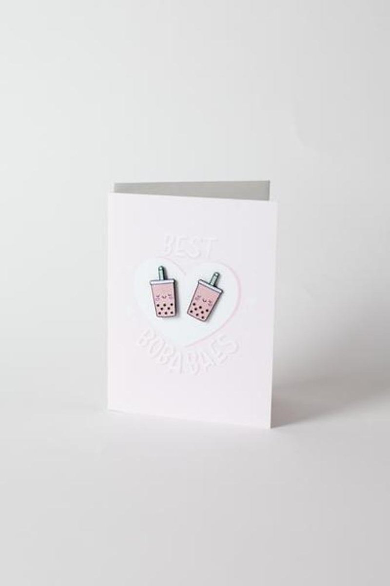 BEST BOBA BAES CARD & PIN SET - Brooches - Enamel Pink