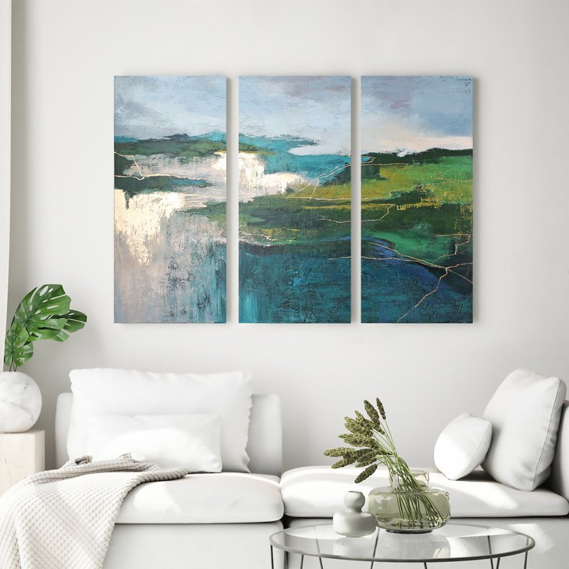Green abstract triptych wall art | Triptych abstract nature | North Triptych - 壁貼/牆壁裝飾 - 棉．麻 綠色