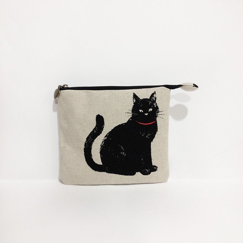 Cotton black cat with a small bag (small) - กระเป๋าเครื่องสำอาง - ผ้าฝ้าย/ผ้าลินิน สีดำ