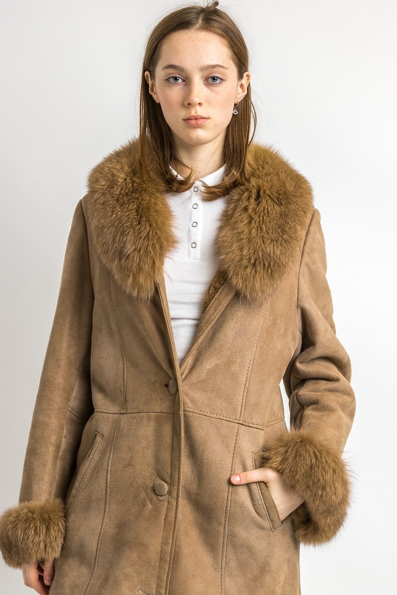80s Vintage Suede Sheepskin Leather Shearling Winter Woman Coat 5929 - 女大衣/外套 - 真皮 咖啡色