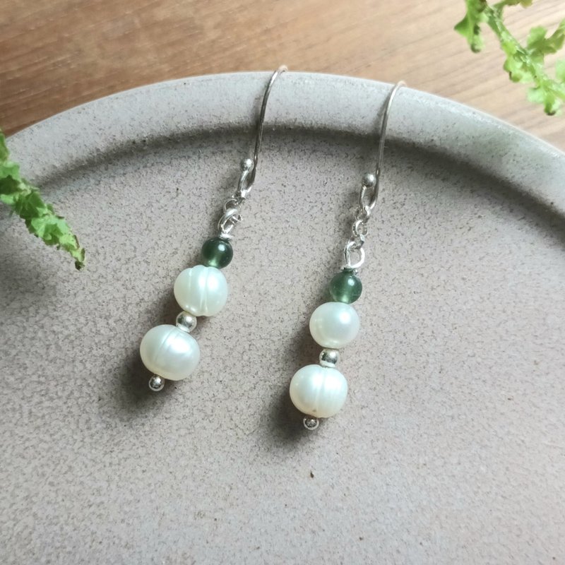 純銀設計耳環 碧玉+珍珠+925銀(耳勾)/可改耳夾/ - 耳環/耳夾/耳骨夾 - 珍珠 綠色