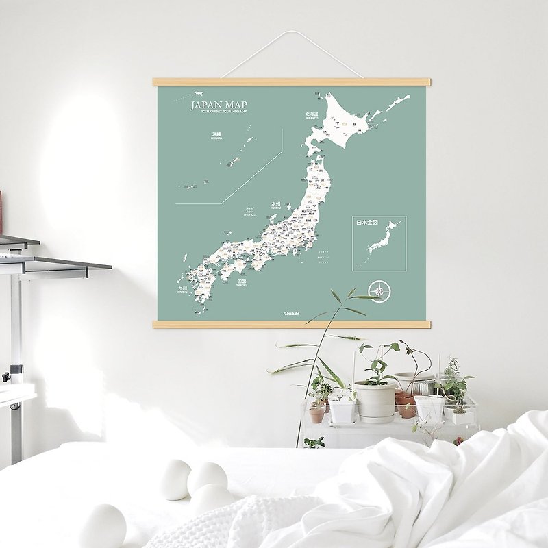 Japan Map-Exclusive Customized Solid Wood Frame Poster-Misty Green (Customized Gift) - โปสเตอร์ - กระดาษ สีเขียว