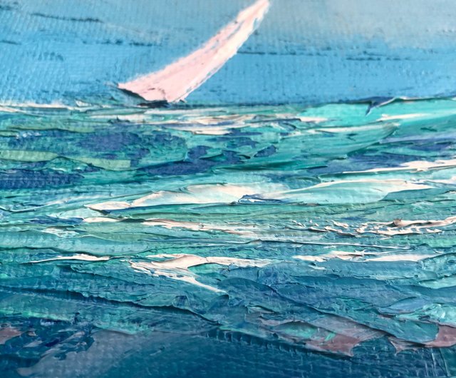 キャンバスヨット風景テクスチャアートの元の青い海の油絵 キャンバスヨット風景テクスチャアートの元の青い海の油絵
