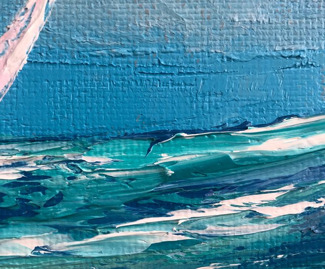 キャンバスヨット風景テクスチャアートの元の青い海の油絵