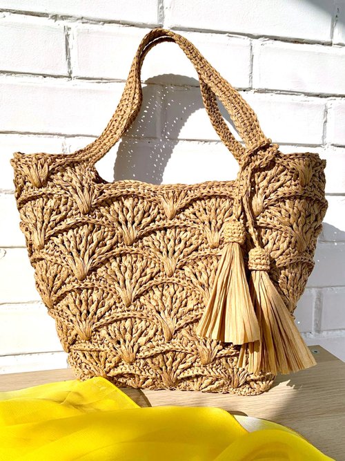 KatitoBags Crochet raffia bag, Shoulder bag, Designer beach tote bag, Leather botton bag