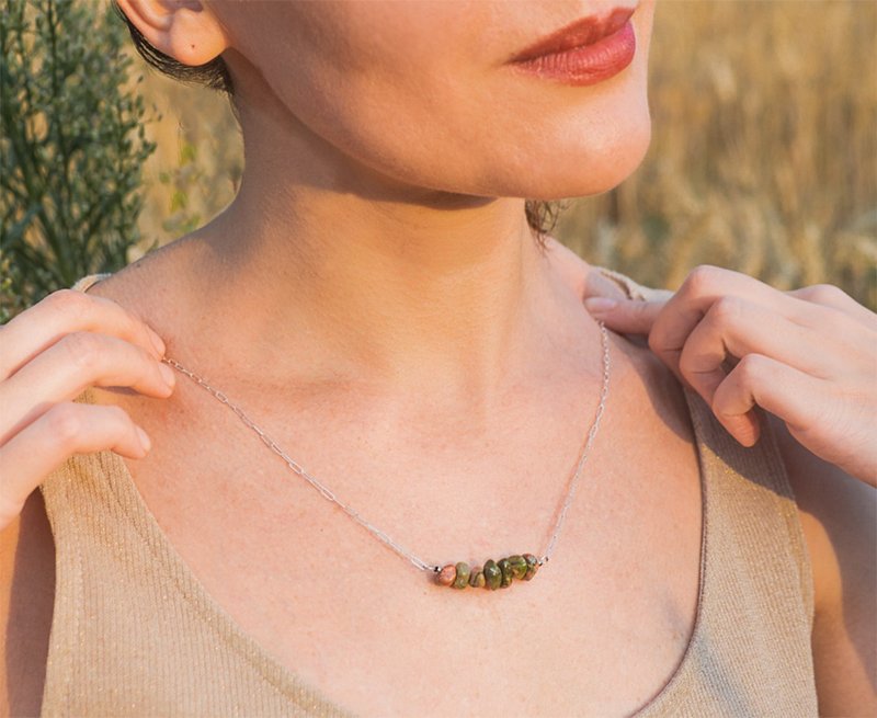 Raw Unakite Necklace, 925 Silver, Leo gem, Scorpio crystal, New Year Day - Necklaces - Crystal Green