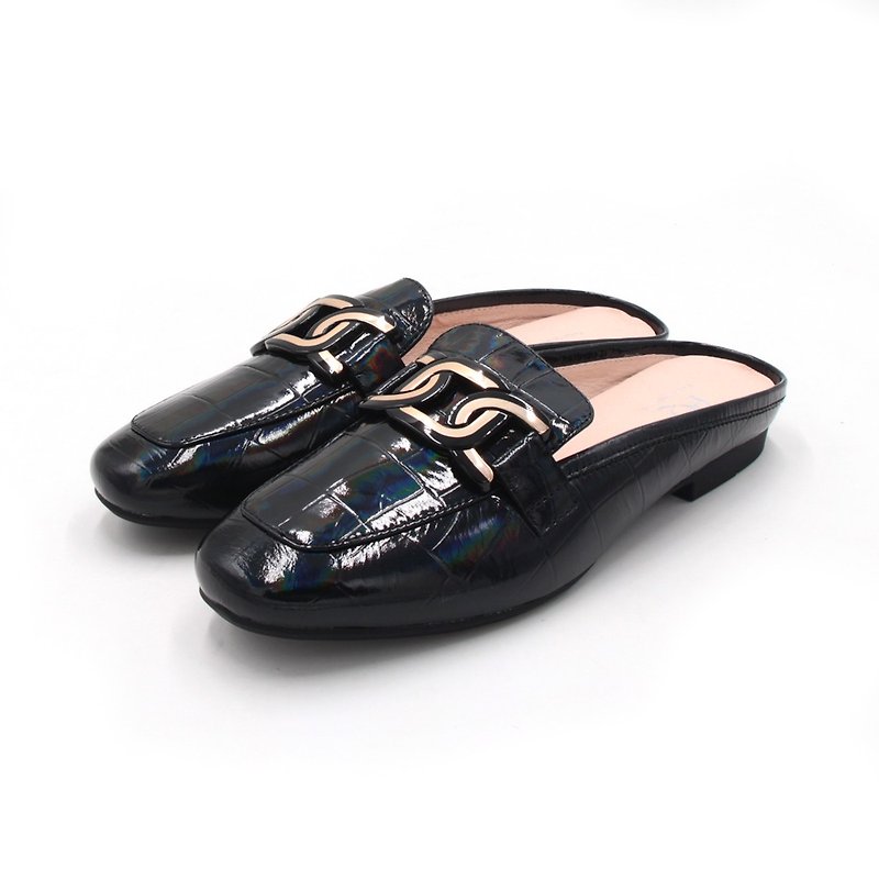 [Special offer with slight imperfections] PQ (women) temperament genuine leather square chain low-heeled mules slippers - black (also pink) - Slippers - Rubber 