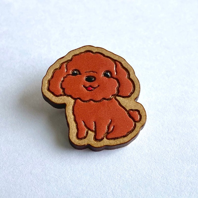 Painted wood brooch -Poodle Dog - เข็มกลัด - ไม้ สีนำ้ตาล