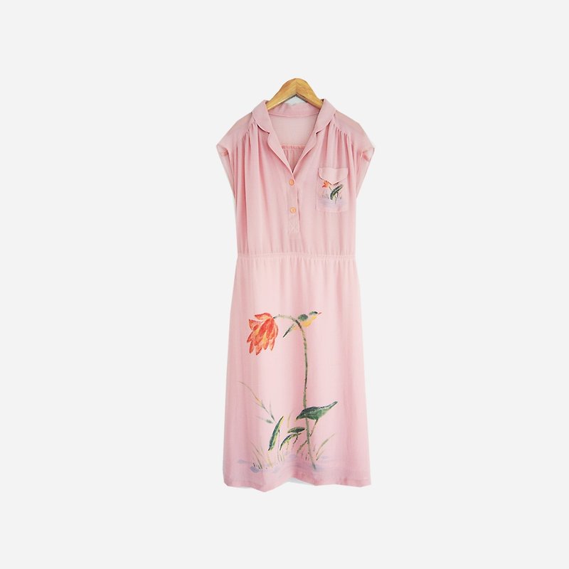脫臼古著 / 水墨花朵洋裝 no.711 vintage - 洋裝/連身裙 - 聚酯纖維 粉紅色
