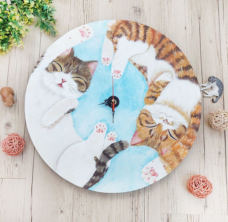 Sleeping cat. Cat meat balls. Clock/wall clock/hand-painted/customized - นาฬิกา - ไม้ หลากหลายสี