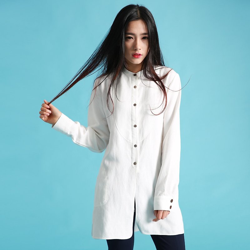 Annie Chen 2016 spring shirt female long section of the simple long-sleeved shirt female literary retro white cotton collar - Women's Shirts - Cotton & Hemp White